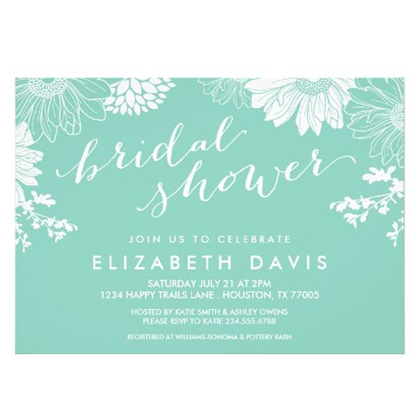 Aqua Modern Floral Bridal Shower Invites